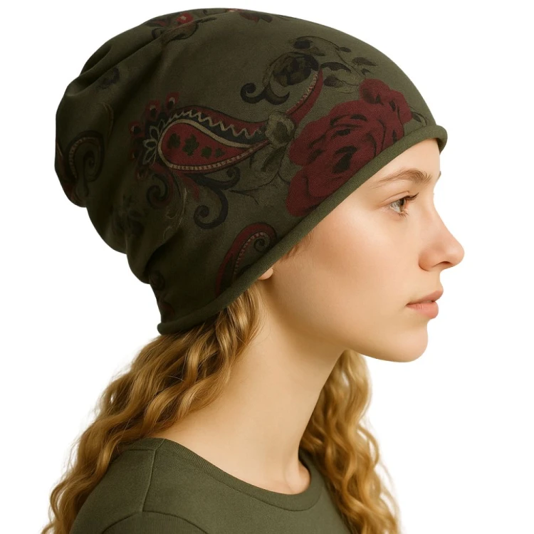 Czapka damska Beanie włoska cienka smerfetka bawełna zielony kwiaty