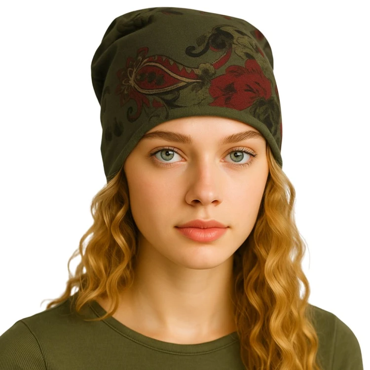 Czapka damska Beanie włoska cienka smerfetka bawełna zielony kwiaty