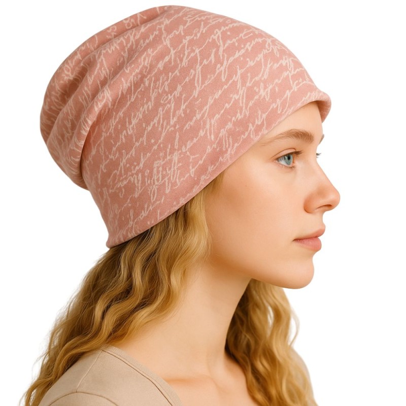 Czapka damska Beanie włoska cienka smerfetka bawełna różowa napisy