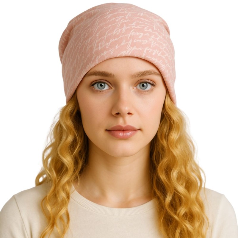 Czapka damska Beanie włoska cienka smerfetka bawełna różowa napisy