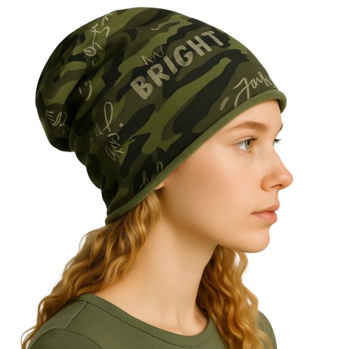 Czapka damska Beanie włoska cienka smerfetka bawełna zielona moro
