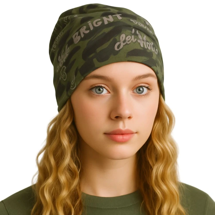 Czapka damska Beanie włoska cienka smerfetka bawełna zielona moro