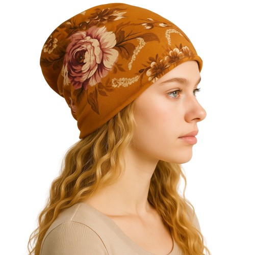 Czapka damska Beanie włoska cienka smerfetka bawełna musztardowa w kwiaty