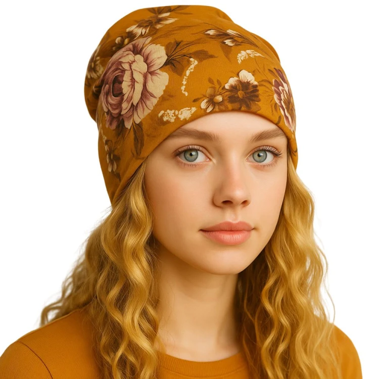 Czapka damska Beanie włoska cienka smerfetka bawełna musztardowa w kwiaty