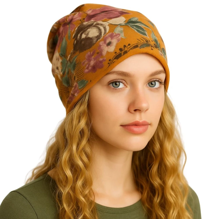 Czapka damska Beanie włoska cienka smerfetka bawełna musztardowa w kwiaty