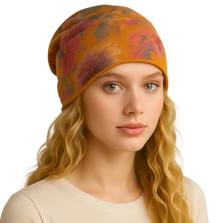 Czapka damska Beanie włoska cienka smerfetka bawełna musztardowa w kwiaty