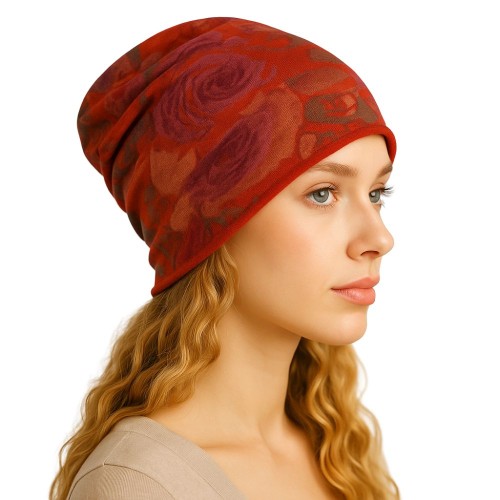 Czapka damska Beanie włoska cienka smerfetka bawełna ruda w kwiaty