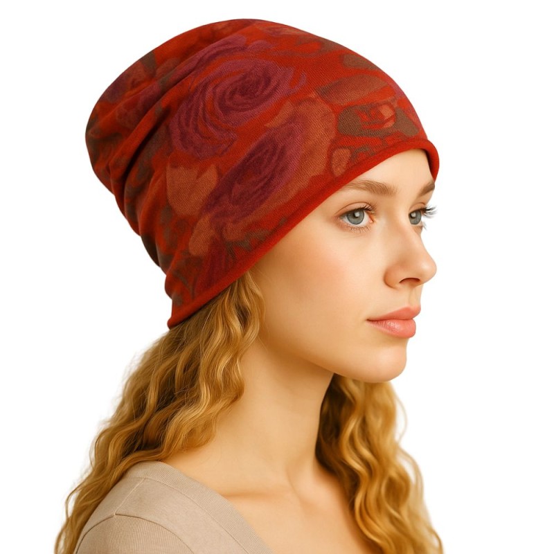 Czapka damska Beanie włoska cienka smerfetka bawełna ruda w kwiaty
