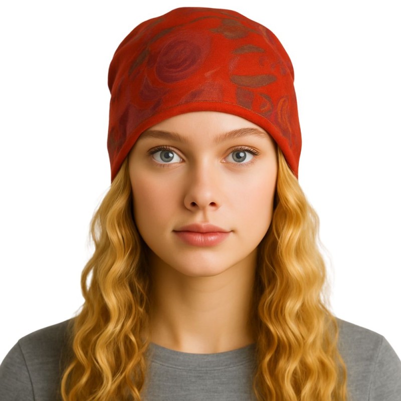 Czapka damska Beanie włoska cienka smerfetka bawełna ruda w kwiaty