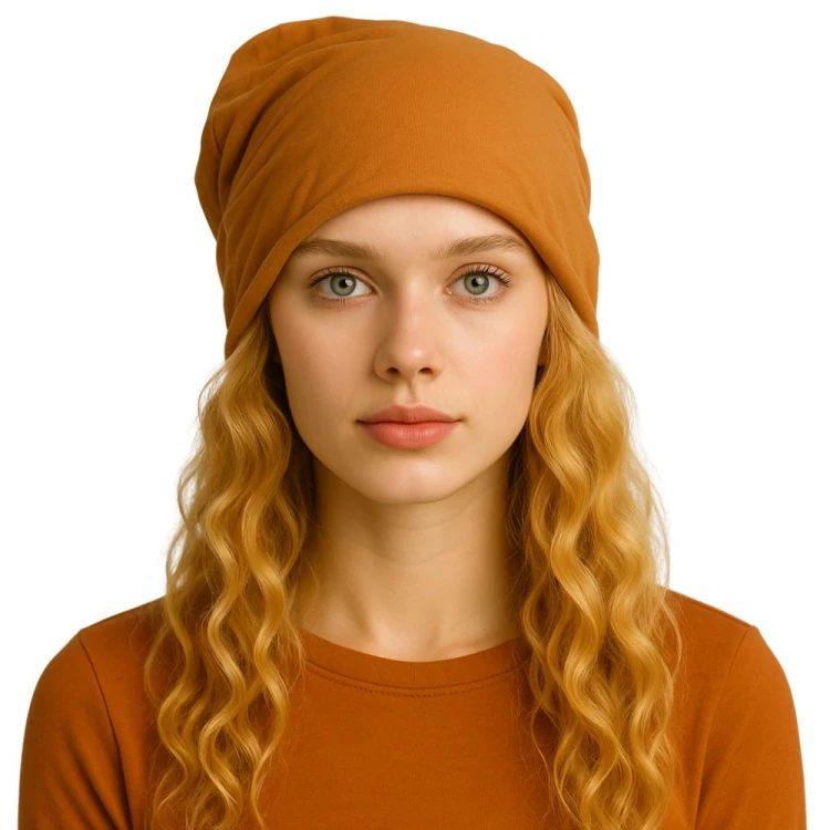 Czapka damska Beanie włoska cienka smerfetka bawełna camel