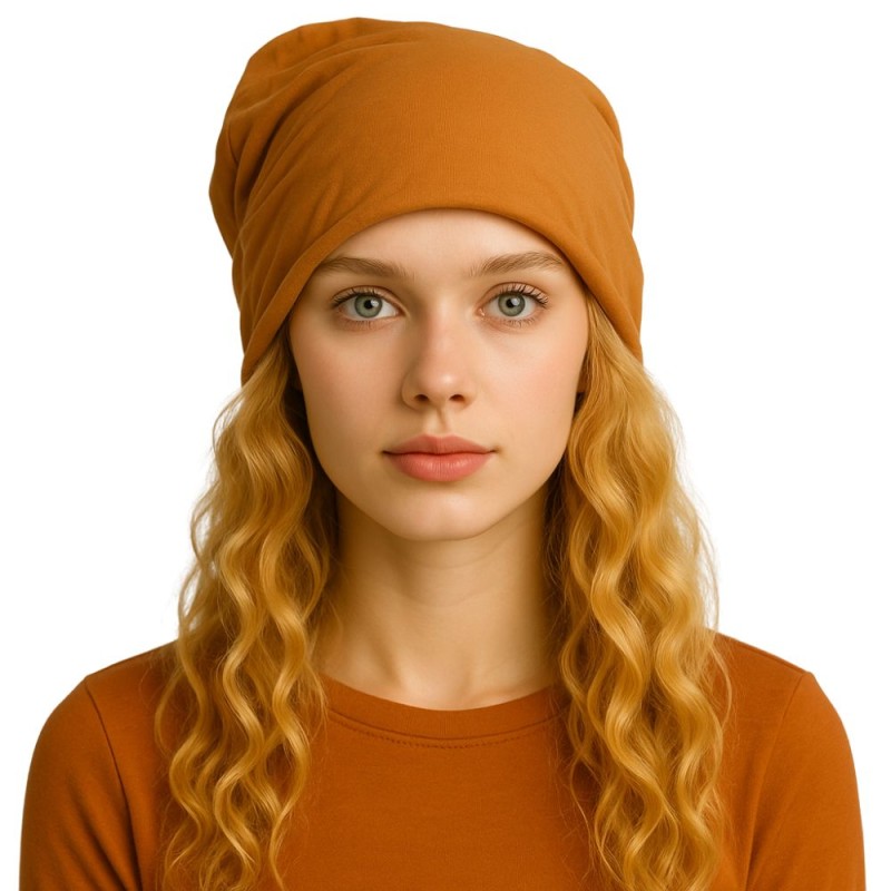 Czapka damska Beanie włoska cienka smerfetka bawełna camel