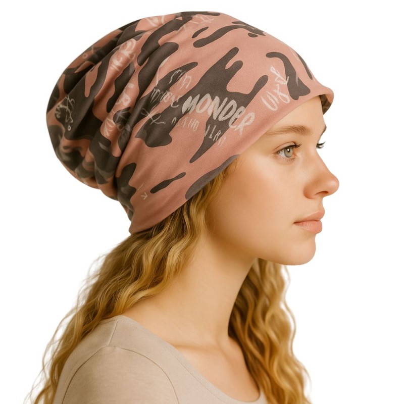 Czapka damska Beanie włoska cienka smerfetka bawełna moro różowa