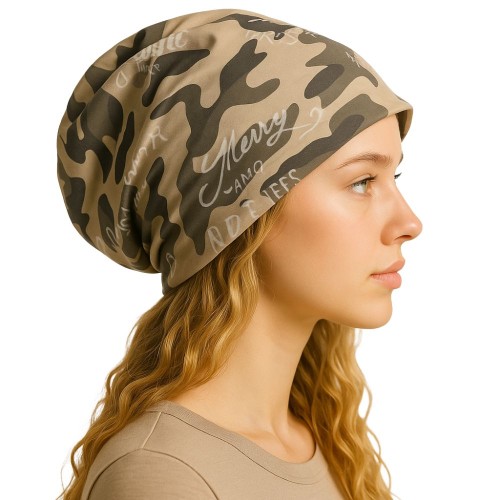 Czapka damska Beanie włoska cienka smerfetka bawełna moro beżowa