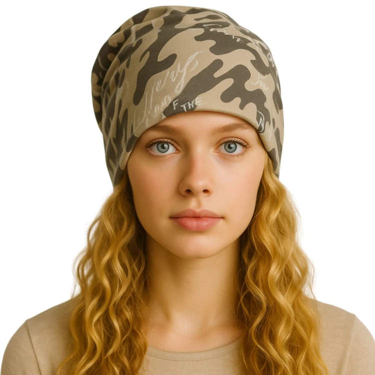 Czapka damska Beanie włoska cienka smerfetka bawełna moro beżowa