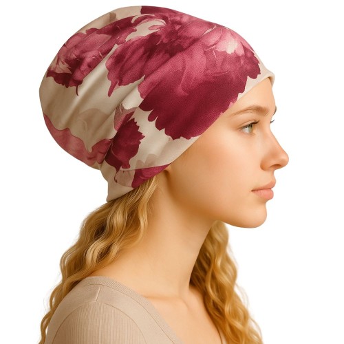 Czapka damska Beanie włoska cienka smerfetka bawełna biała w kwiaty