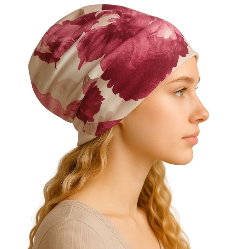 Czapka damska Beanie włoska cienka smerfetka bawełna biała w kwiaty