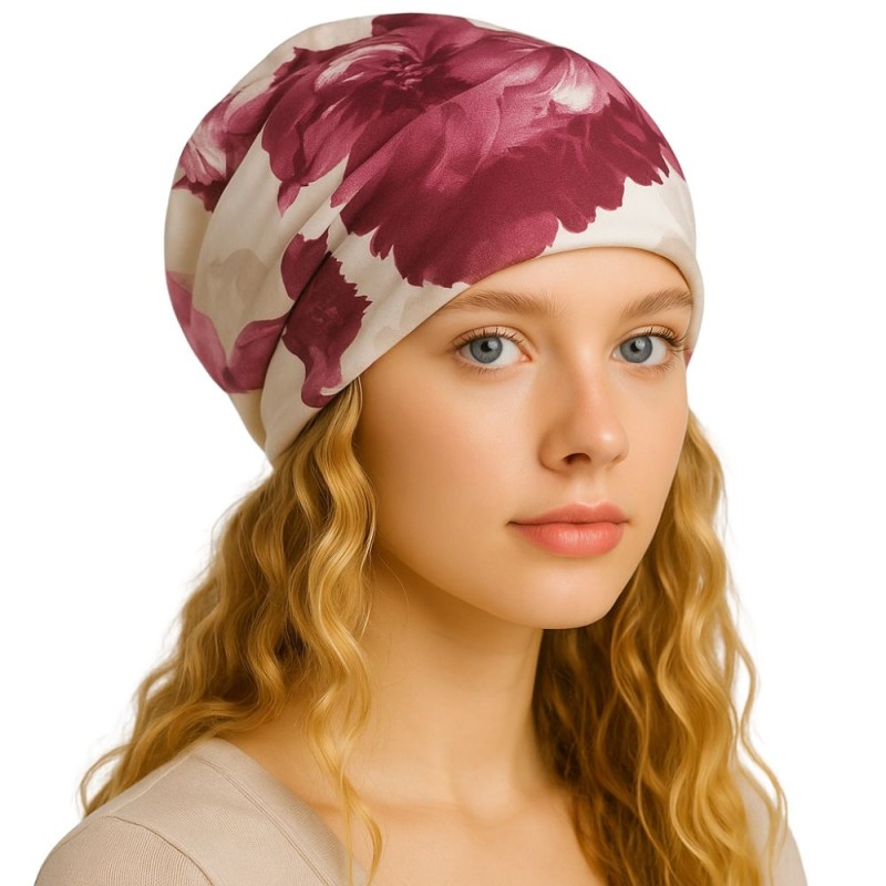 Czapka damska Beanie włoska cienka smerfetka bawełna biała w kwiaty