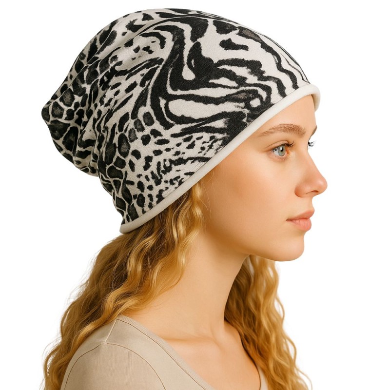 Czapka damska Beanie włoska cienka smerfetka bawełna biało-czarna