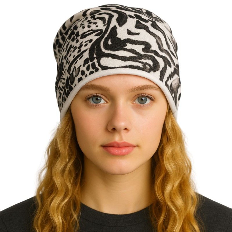 Czapka damska Beanie włoska cienka smerfetka bawełna biało-czarna