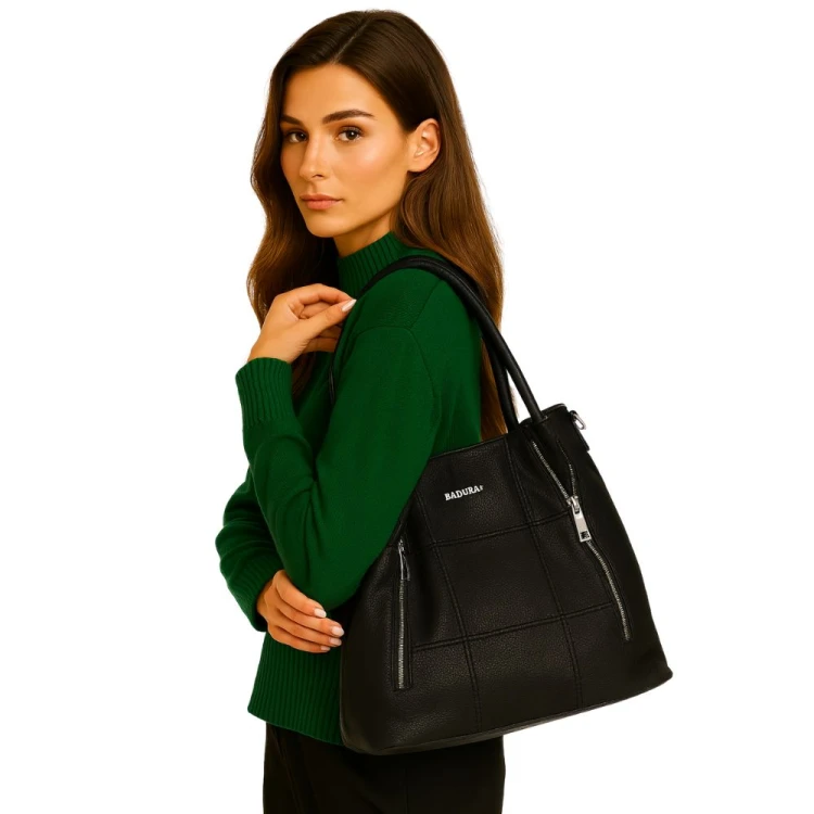 Torebka Damska typu shopper z przeszyciami czarna