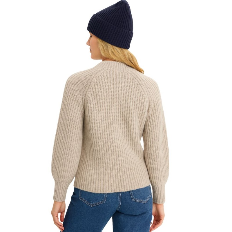 Sweter Damski Raglanowy Półgolf Prążkowany Włoski Beżowy/Szary