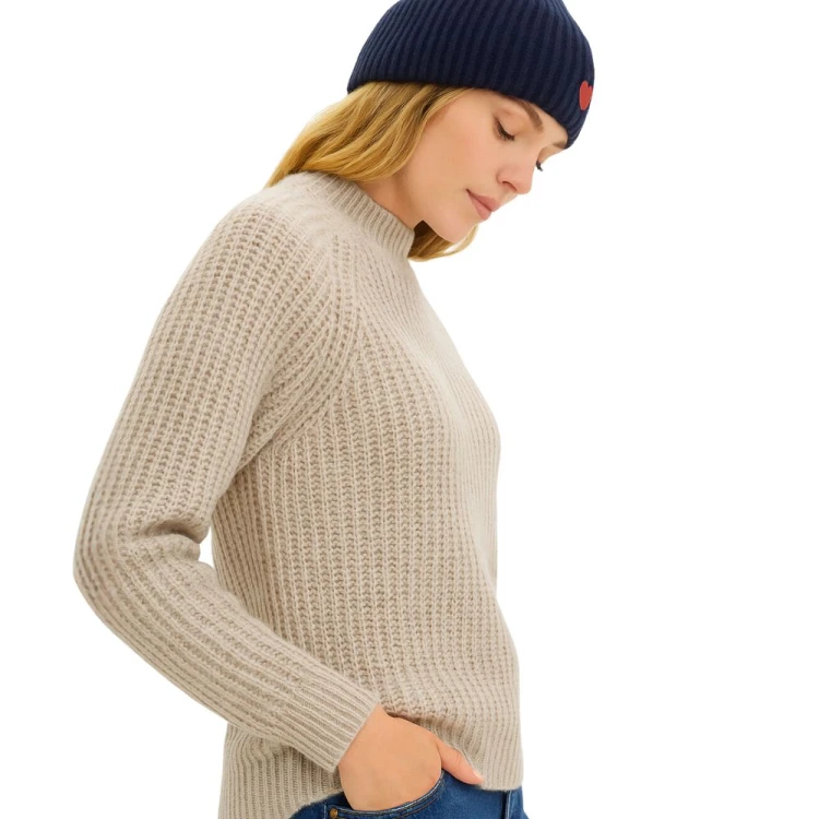Sweter Damski Raglanowy Półgolf Prążkowany Włoski Beżowy/Szary