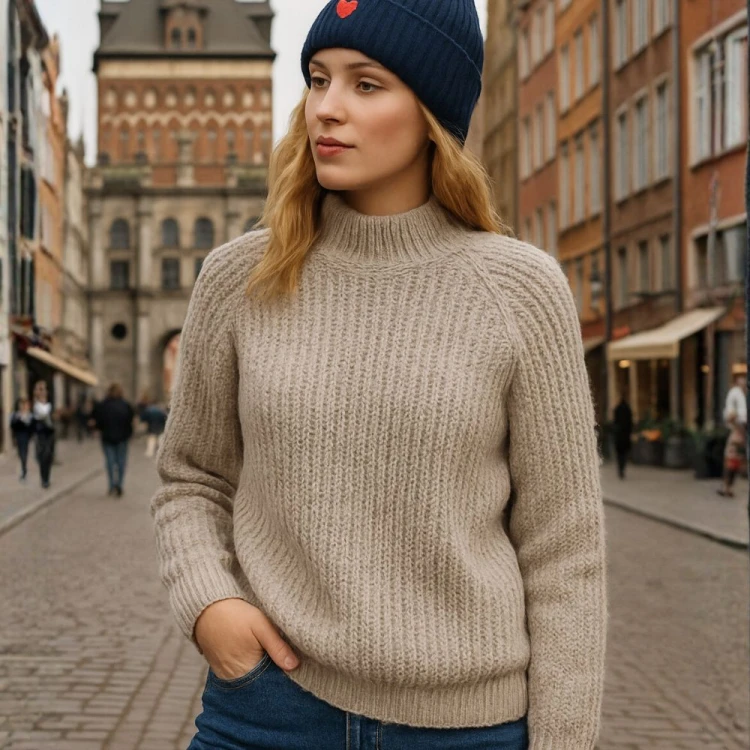 Sweter Damski Raglanowy Półgolf Prążkowany Włoski Beżowy/Szary