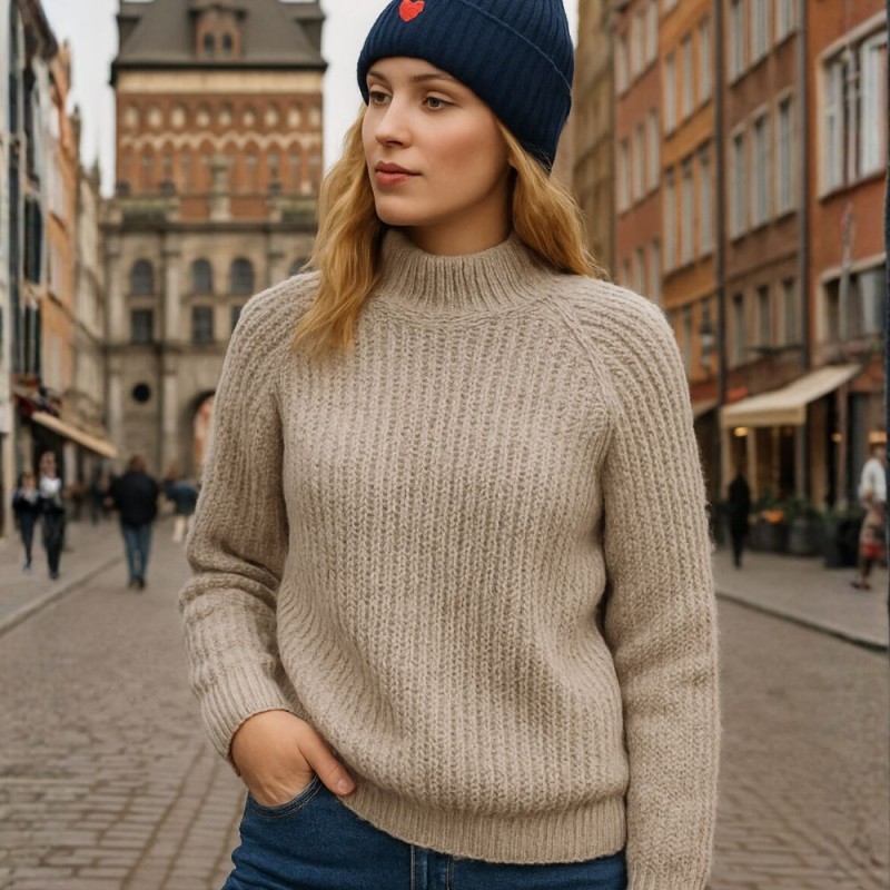 Sweter Damski Raglanowy Półgolf Prążkowany Włoski Beżowy/Szary