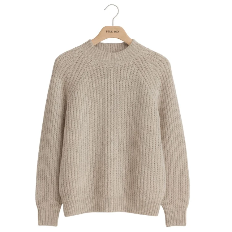 Sweter Damski Raglanowy Półgolf Prążkowany Włoski Beżowy/Szary
