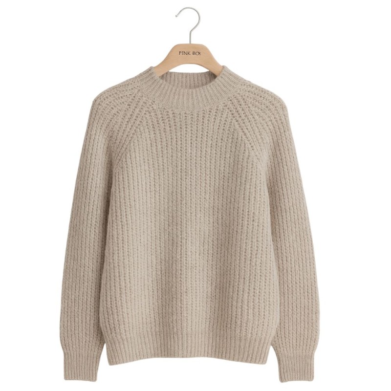 Sweter Damski Raglanowy Półgolf Prążkowany Włoski Beżowy/Szary