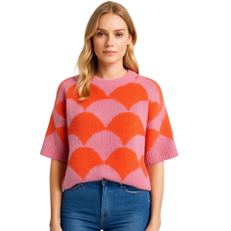 Sweter Damski w Geometryczny Wzór Włoski Różowo-Pomarańczowy