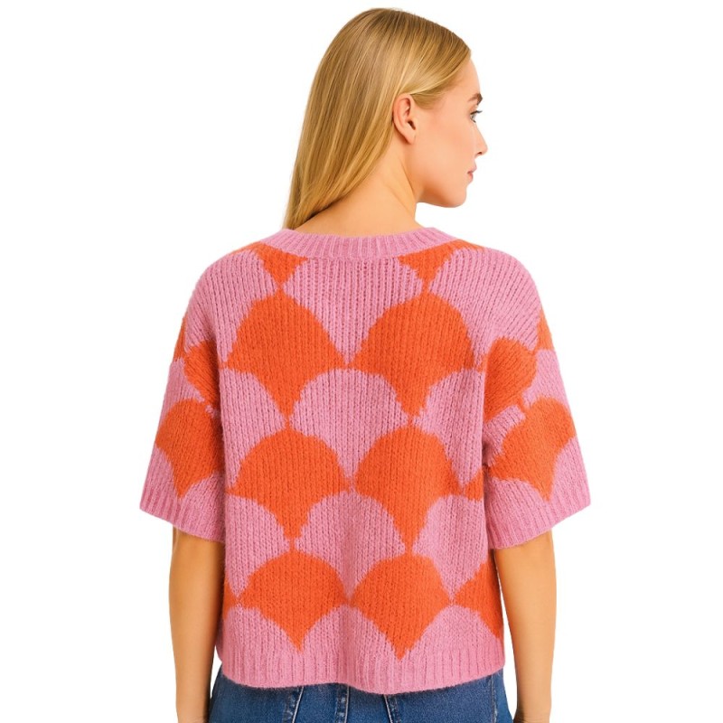 Sweter Damski w Geometryczny Wzór Włoski Różowo-Pomarańczowy