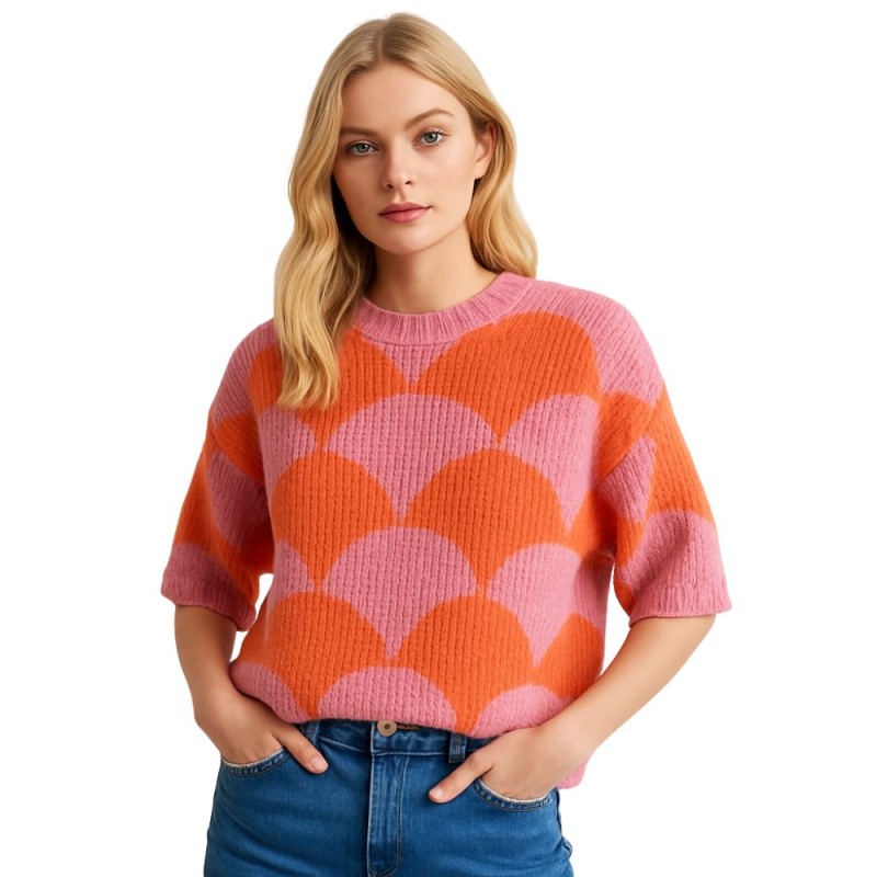 Sweter Damski w Geometryczny Wzór Włoski Różowo-Pomarańczowy