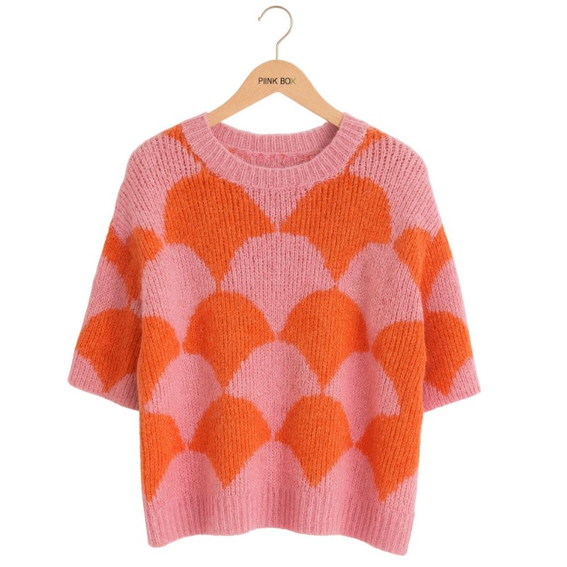 Sweter Damski w Geometryczny Wzór Włoski Różowo-Pomarańczowy