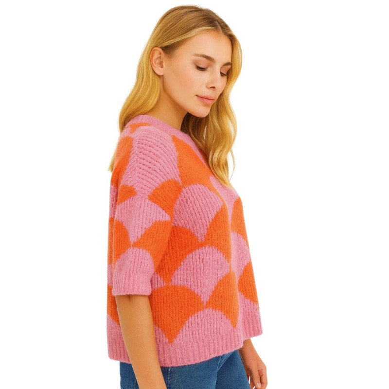 Sweter Damski w Geometryczny Wzór Włoski Różowo-Pomarańczowy