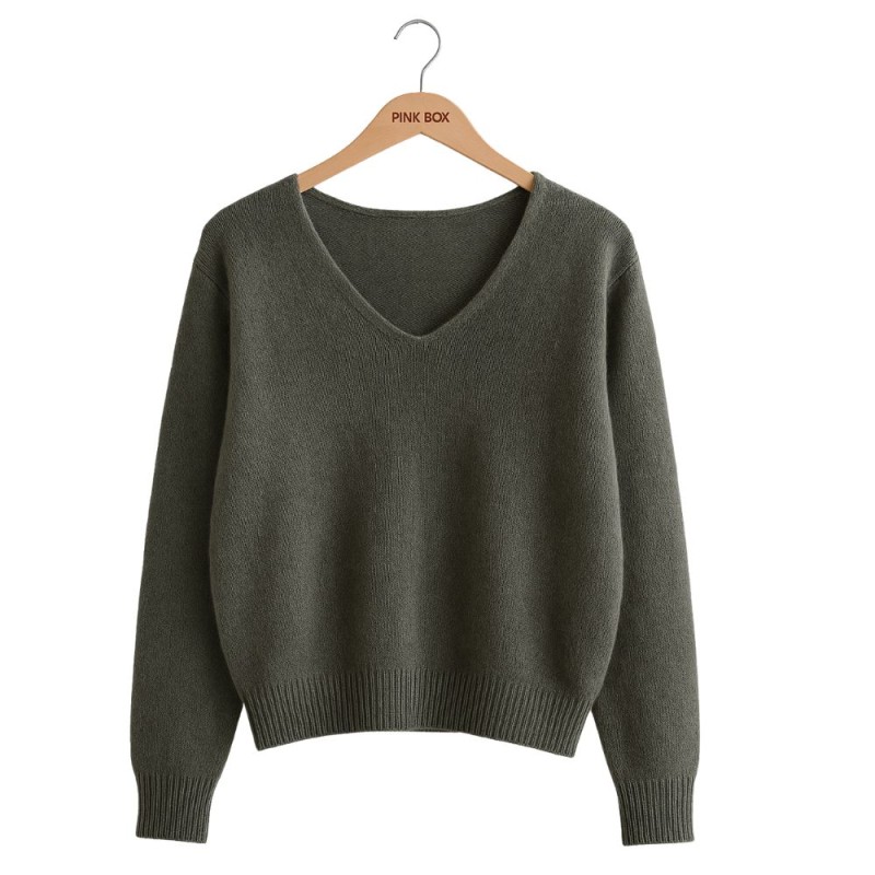 Sweter Damski z Dekoltem w Serek Włoski Zielony