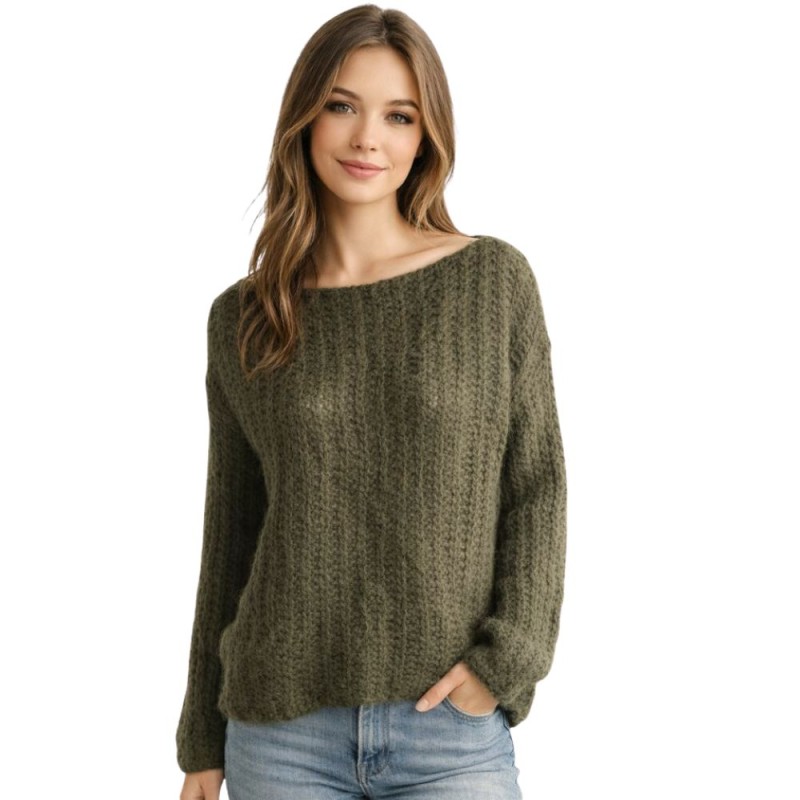 Sweter Damski z Luźnym Splotem Włoski Khaki