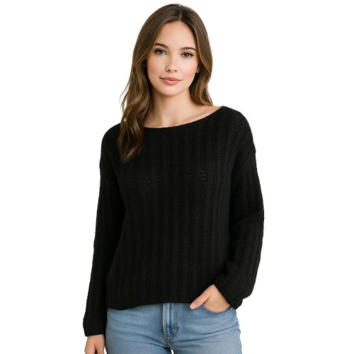 Sweter Damski z Luźnym Splotem Włoski Czarny