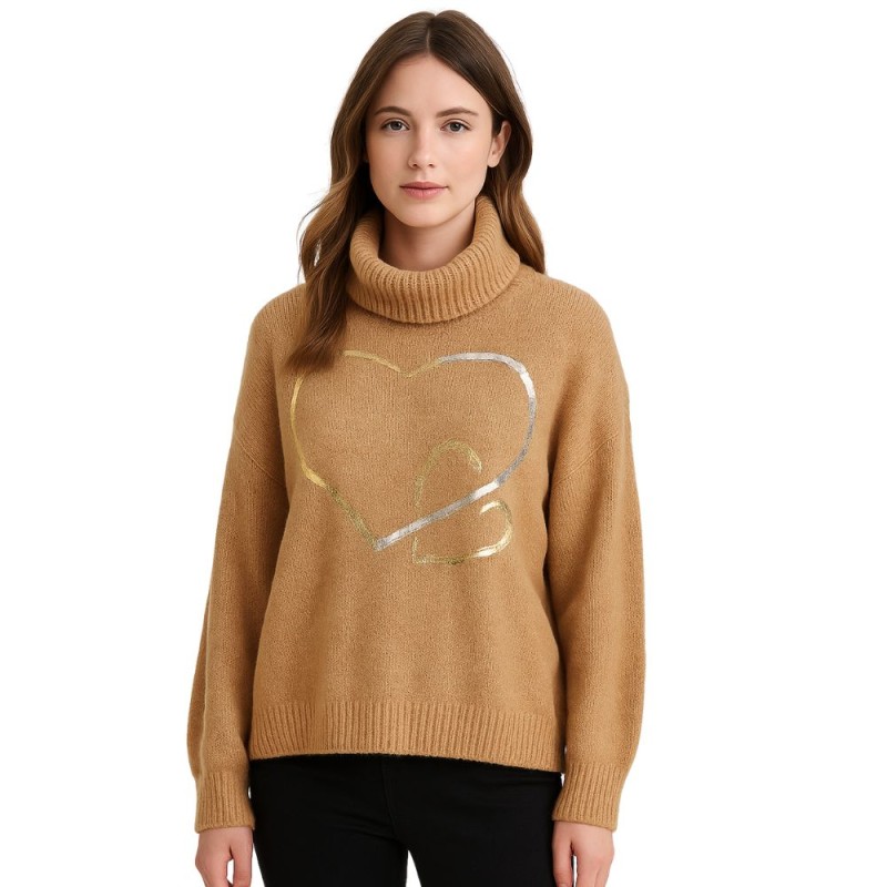 Sweter Damski Golf z Metalicznym Sercem Włoski Karmelowy