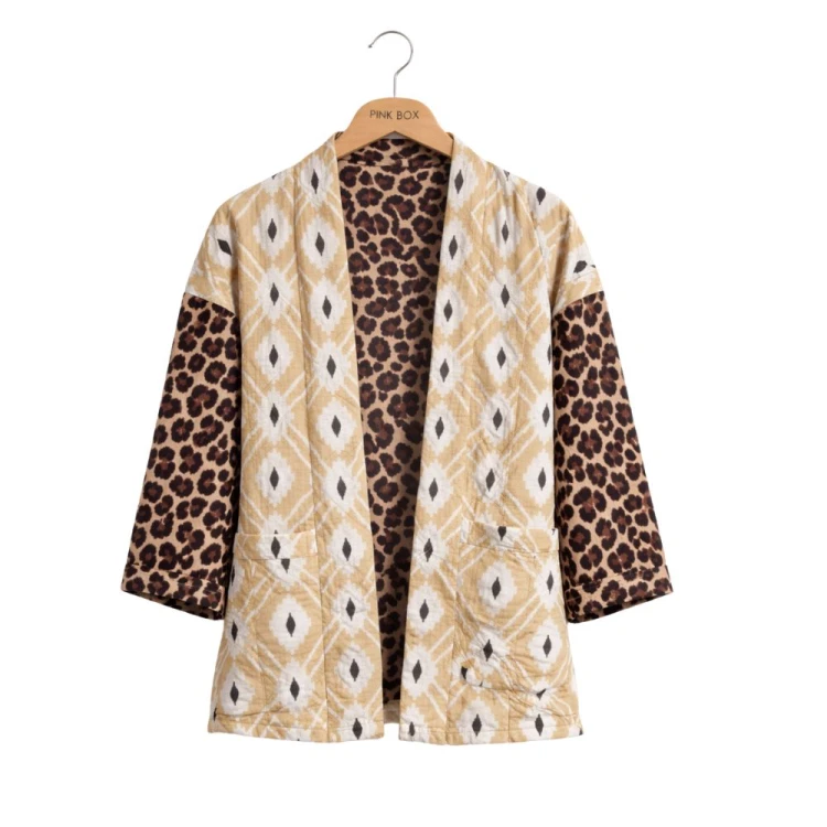 Kimono Narzutka Damska z Printem Włoska Beżowo-Brązowa