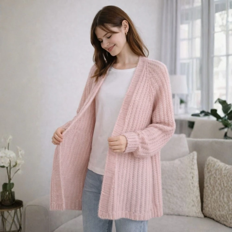 Sweter Kardigan Damski Ażurowy Włoski Różowy