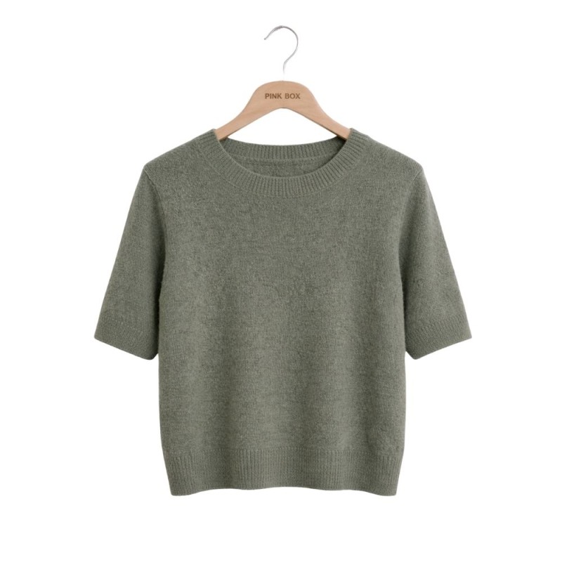 Sweter Damski z Krótkim Rękawem Włoski Khaki