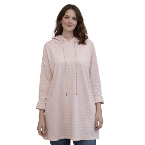 Bluza Damska w Paski Włoska Kremowo-Różowa