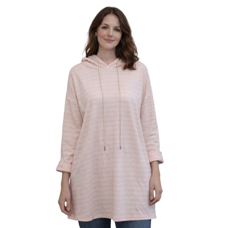Bluza Damska w Paski Włoska Kremowo-Różowa
