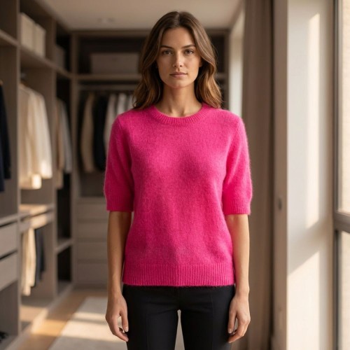 Sweter Damski z Krótkim Rękawem Włoski Koralowy