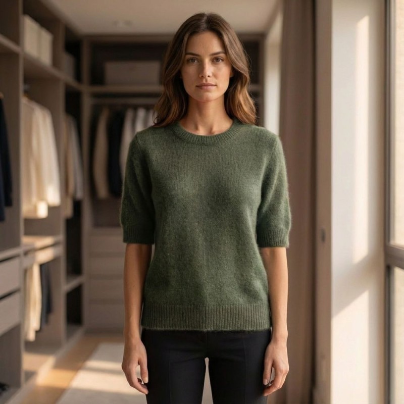Sweter Damski z Krótkim Rękawem Włoski Khaki