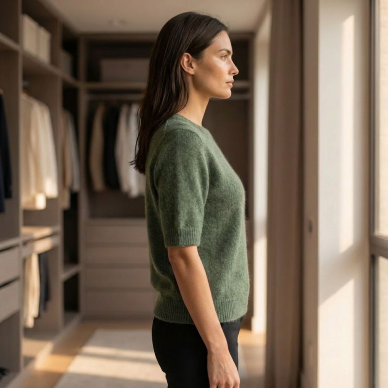 Sweter Damski z Krótkim Rękawem Włoski Khaki