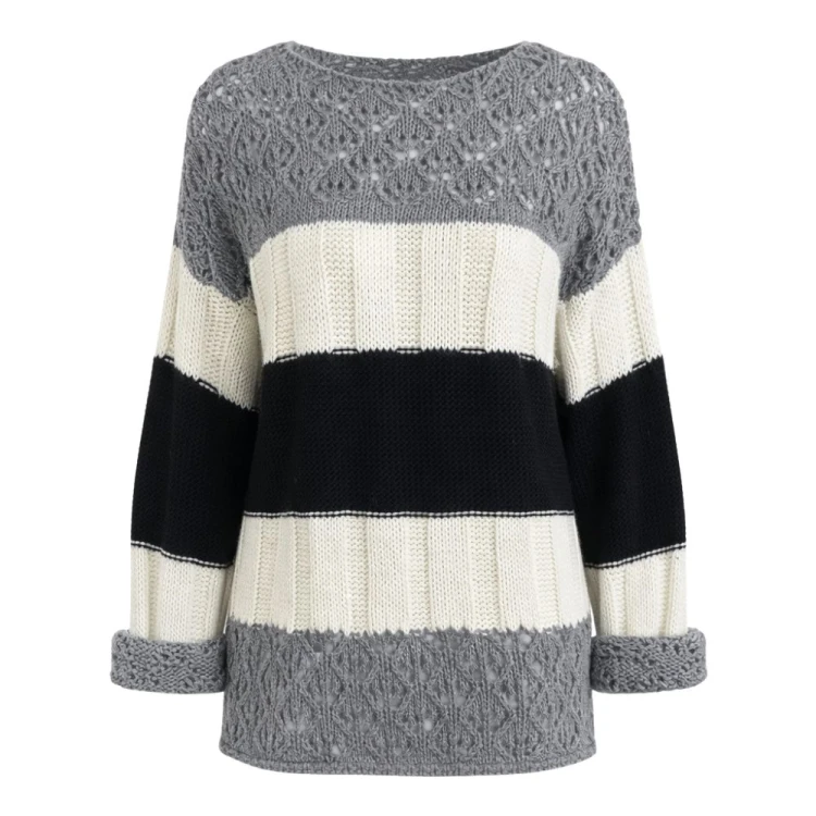 Sweter Damski Włoski w Paski Oversize Szary Biały One Size