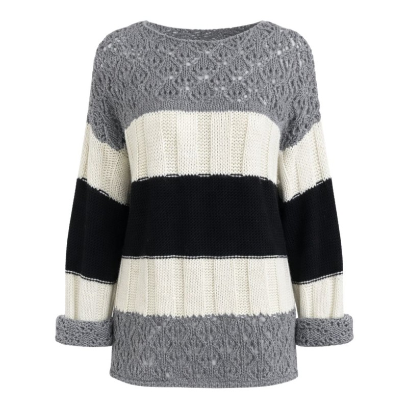 Sweter Damski Włoski w Paski Oversize Szary Biały One Size