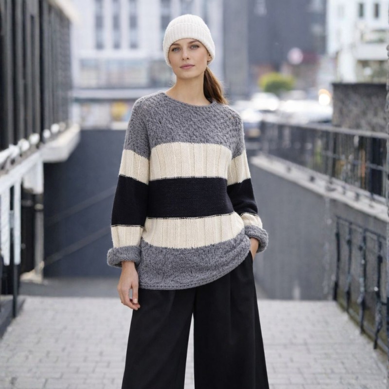 Sweter Damski Włoski w Paski Oversize Szary Biały One Size